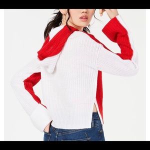 Two-toned red and white cropped hooded sweater
